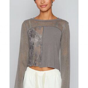 POL Iron Gray round neck lace detailed Top